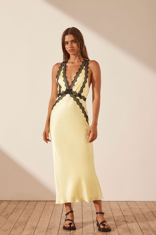 SHONA JOY CAMILLE LACE CROSS BACK MIDI DRESS - LIMONCELLO/ BLACK